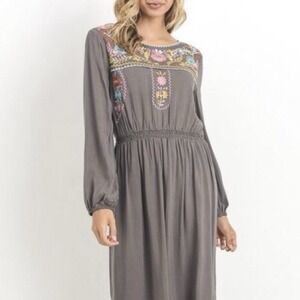 Jodifl Embroidered Long Sleeve Maxi Dress Gray Boho Peasant Cottagecore Womens M